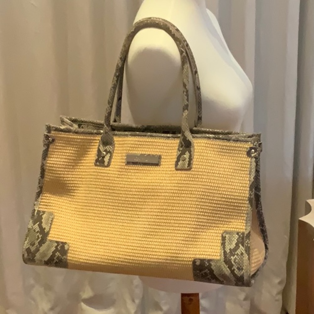 Calvin Klein natural straw, faux lizard print bag